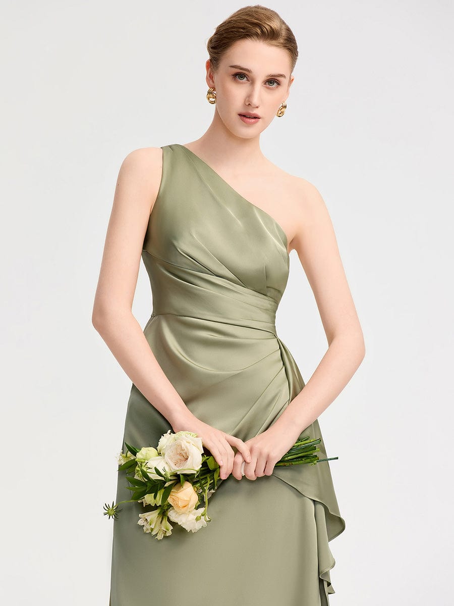 One Shoulder Ruched Satin Bridesmaid Dress #color_Sage Green