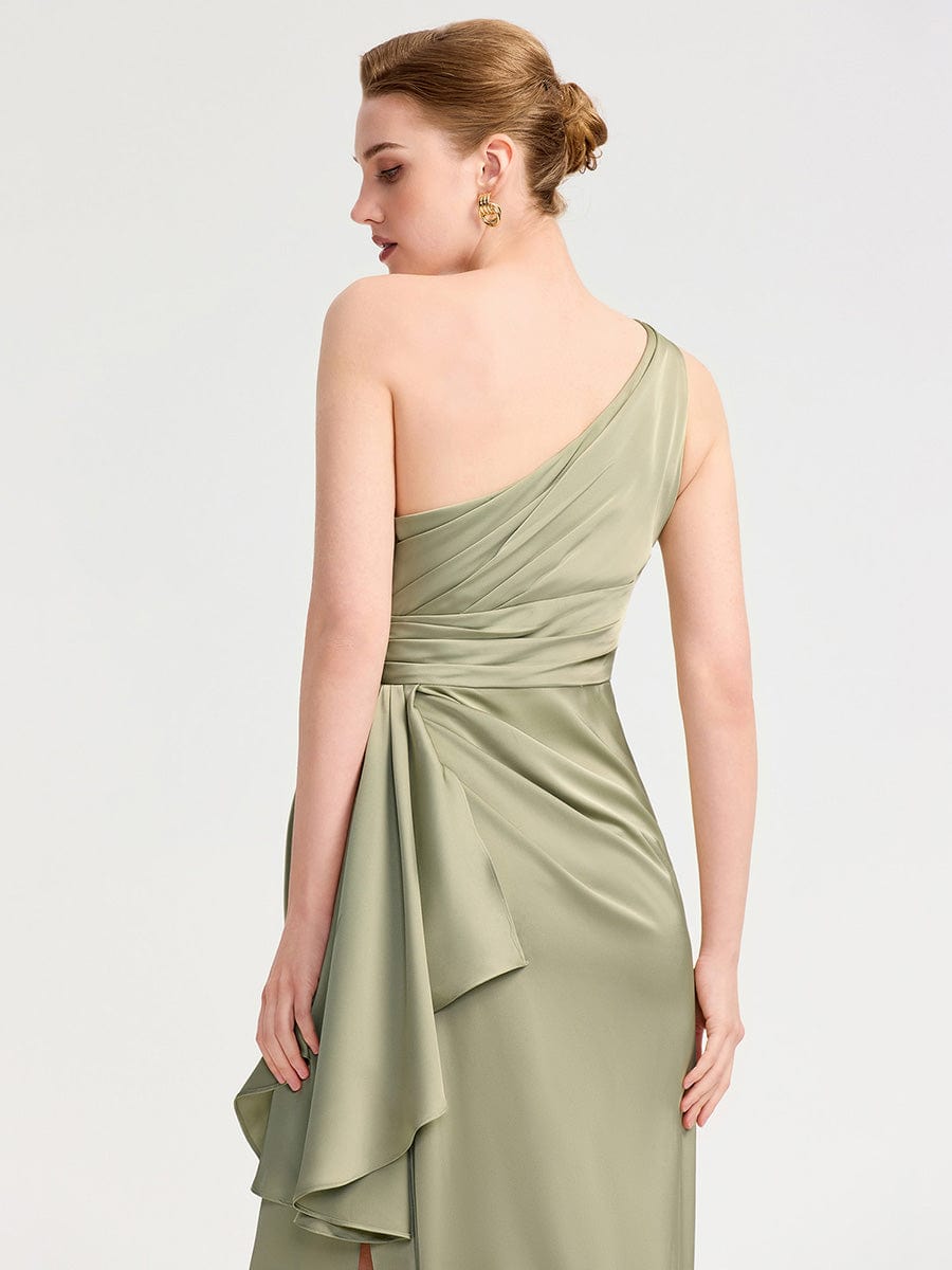 One Shoulder Ruched Satin Bridesmaid Dress #color_Sage Green