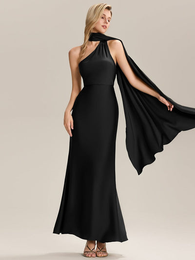 Flowing Ribbons Satin Sleeveless Bridesmaid Dress #color_Black