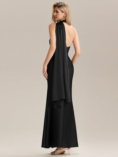Flowing Ribbons Satin Sleeveless Bridesmaid Dress #color_Black