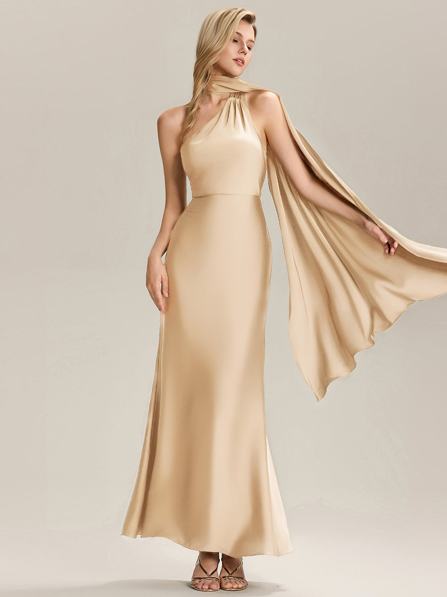 Flowing Ribbons Satin Sleeveless Bridesmaid Dress #color_Champagne