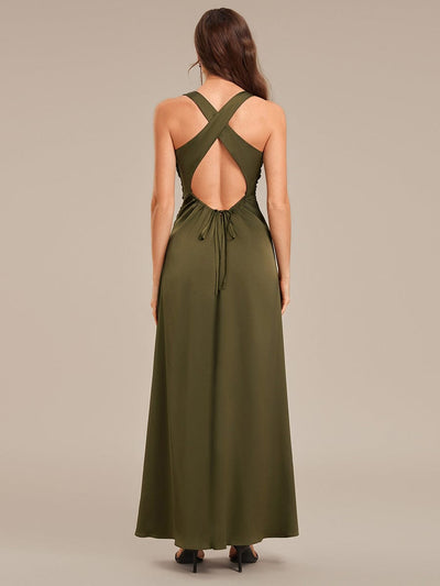 Backless Satin Sleeveless Evening Dress #color_Olive Green