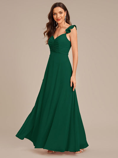 Lettuce Trim Chiffon Ruffle Sleeve Bridesmaid Dress #color_Dark Green