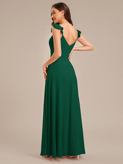 Lettuce Trim Chiffon Ruffle Sleeve Bridesmaid Dress #color_Dark Green