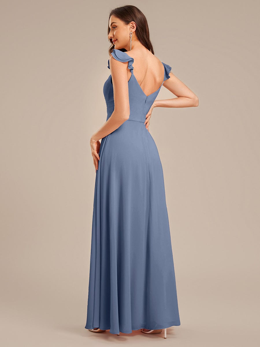 Lettuce Trim Chiffon Ruffle Sleeve Bridesmaid Dress #color_Dusty Blue