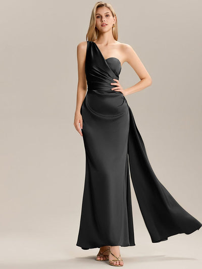 Flowing Ribbons Satin Sleeveless Bridesmaid Dress #color_Black