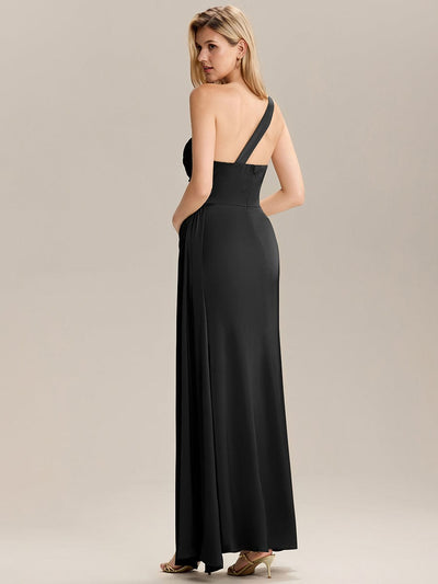 Flowing Ribbons Satin Sleeveless Bridesmaid Dress #color_Black