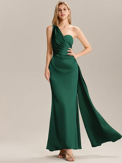 Flowing Ribbons Satin Sleeveless Bridesmaid Dress #color_Dark Green