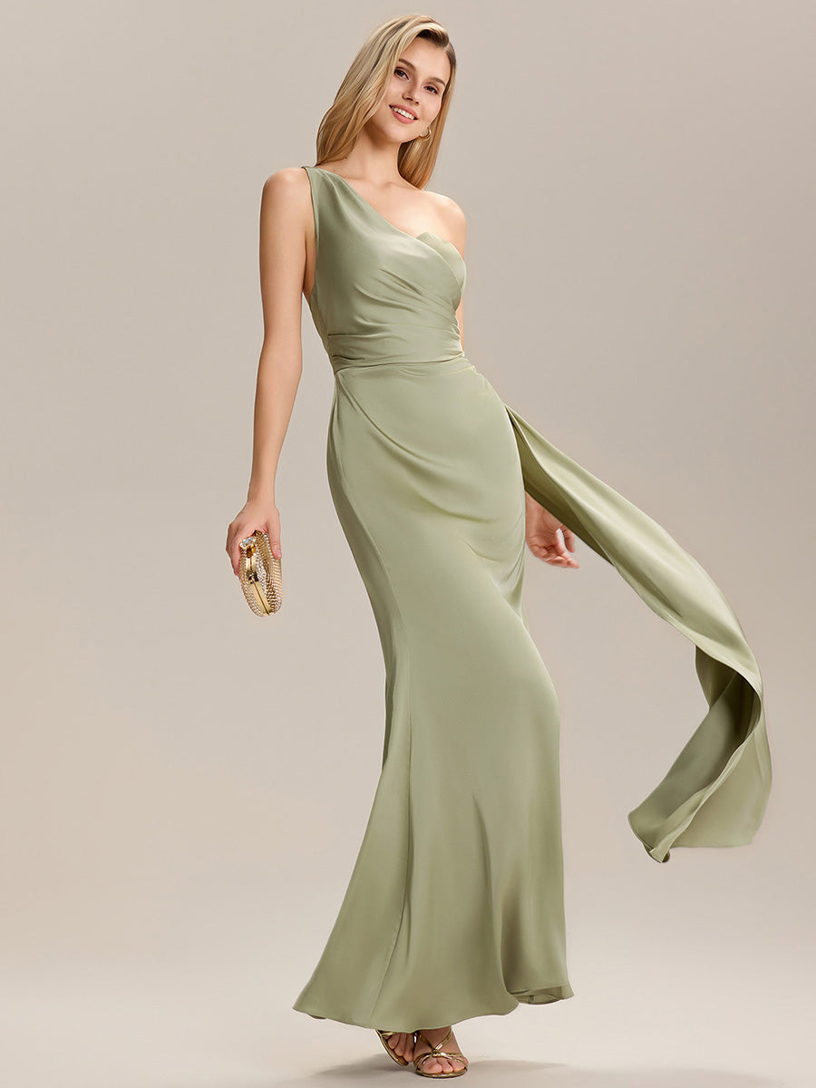 Flowing Ribbons Satin Sleeveless Bridesmaid Dress #color_Sage Green