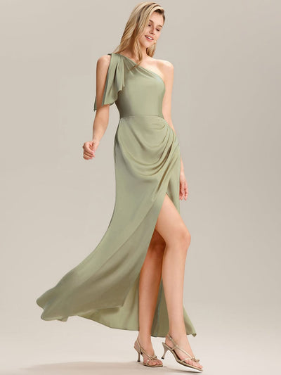 Flowing Ribbons Satin Sleeveless Bridesmaid Dress #color_Sage Green