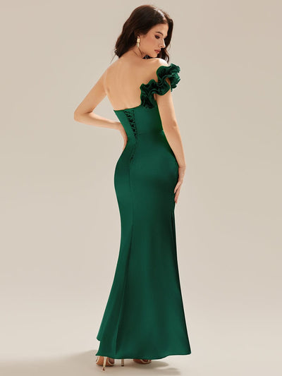 Sequin Ruffle Sleeve Evening Dress #color_Dark Green