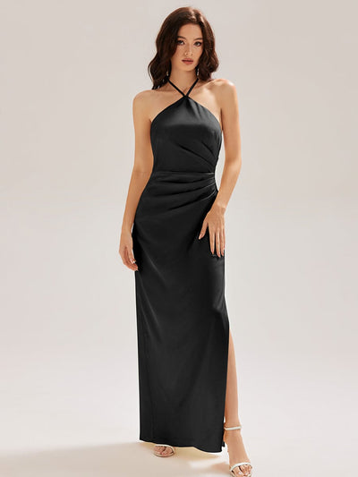 Flowing Ribbons Satin Sleeveless Bridesmaid Dress #color_Black