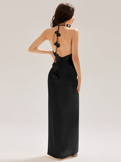Flowing Ribbons Satin Sleeveless Bridesmaid Dress #color_Black