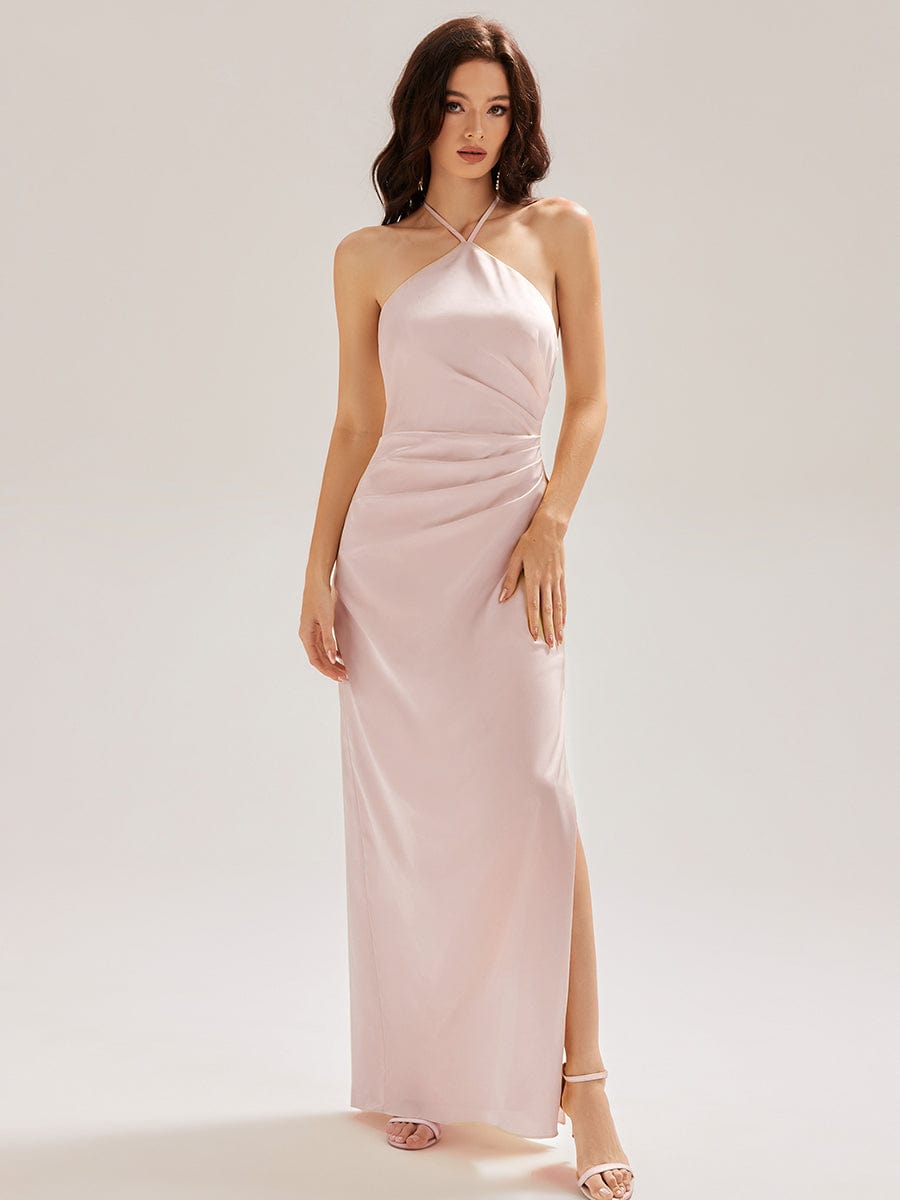 Flowing Ribbons Satin Sleeveless Bridesmaid Dress #color_Pink