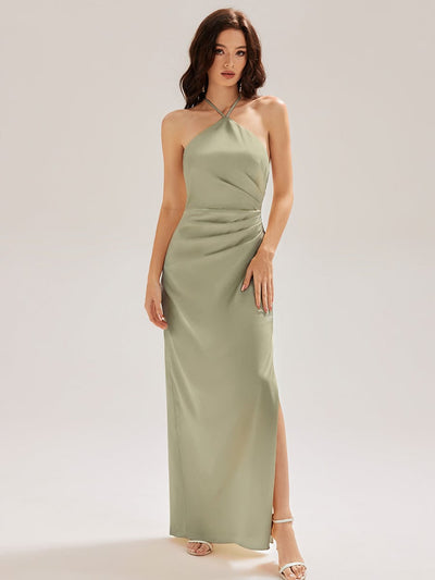 Flowing Ribbons Satin Sleeveless Bridesmaid Dress #color_Sage Green