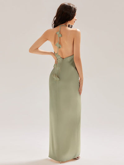 Flowing Ribbons Satin Sleeveless Bridesmaid Dress #color_Sage Green