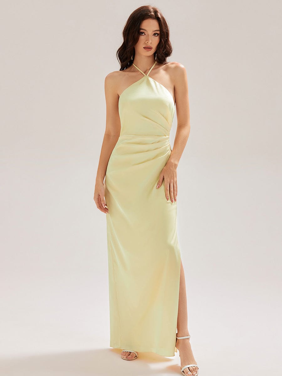 Flowing Ribbons Satin Sleeveless Bridesmaid Dress #color_Yellow