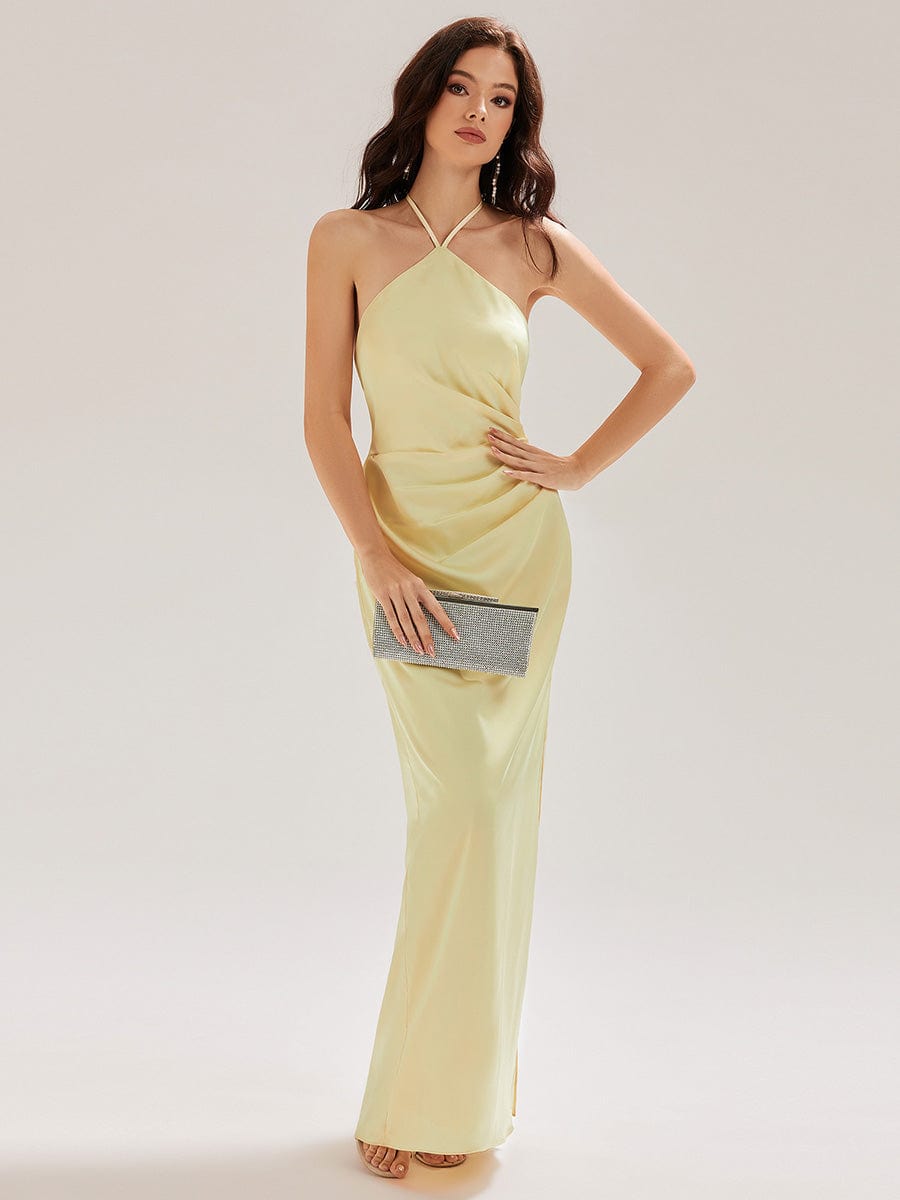 Flowing Ribbons Satin Sleeveless Bridesmaid Dress #color_Yellow