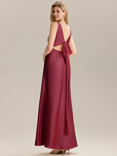Tie-Front Satin Sleeveless Bridesmaid Dress #color_Burgundy