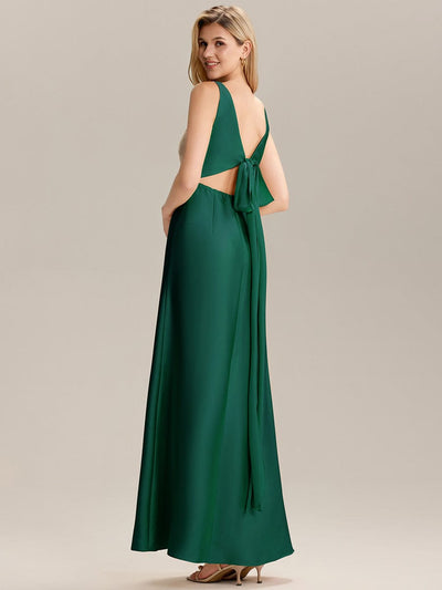 Tie-Front Satin Sleeveless Bridesmaid Dress #color_Dark Green