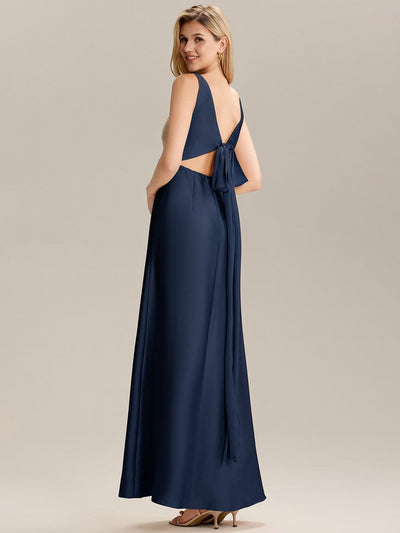 Tie-Front Satin Sleeveless Bridesmaid Dress #color_Navy Blue
