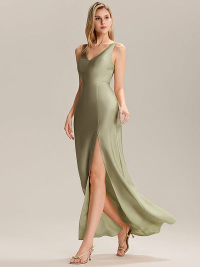 Tie-Front Satin Sleeveless Bridesmaid Dress #color_Sage Green