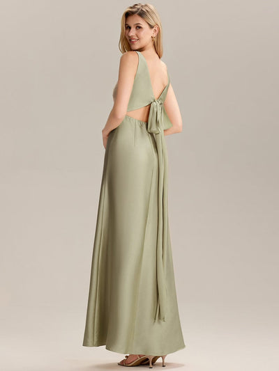 Tie-Front Satin Sleeveless Bridesmaid Dress #color_Sage Green