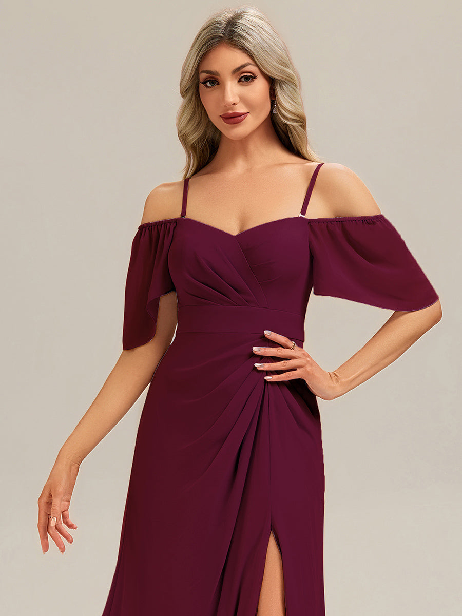 Thigh-High Slit Chiffon Ruffle Sleeve Bridesmaid Dress #color_Burgundy