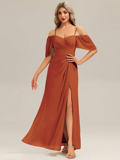 Thigh-High Slit Chiffon Ruffle Sleeve Bridesmaid Dress #color_Burnt Orange
