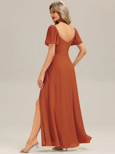 Thigh-High Slit Chiffon Ruffle Sleeve Bridesmaid Dress #color_Burnt Orange