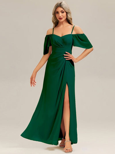 Thigh-High Slit Chiffon Ruffle Sleeve Bridesmaid Dress #color_Dark Green