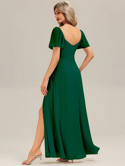 Thigh-High Slit Chiffon Ruffle Sleeve Bridesmaid Dress #color_Dark Green