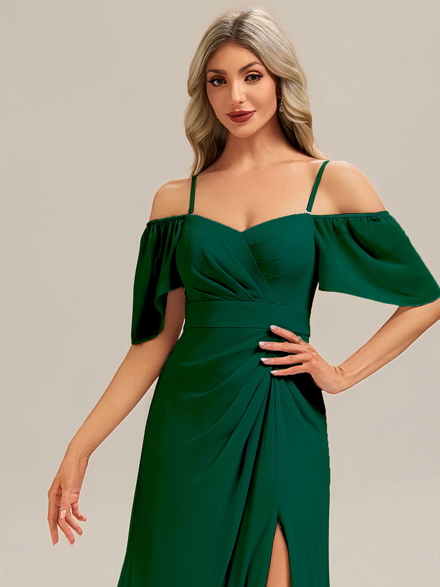 Thigh-High Slit Chiffon Ruffle Sleeve Bridesmaid Dress #color_Dark Green