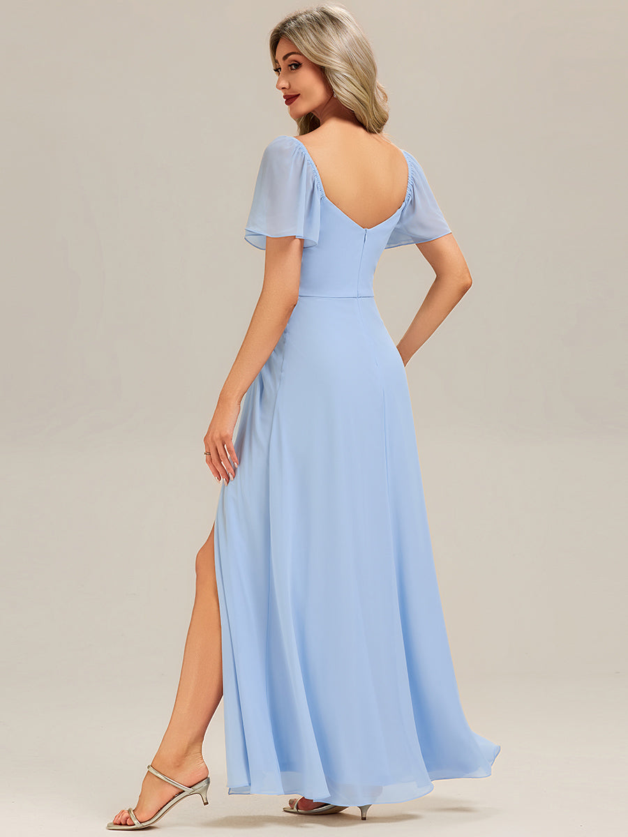 Thigh-High Slit Chiffon Ruffle Sleeve Bridesmaid Dress #color_Ice Blue