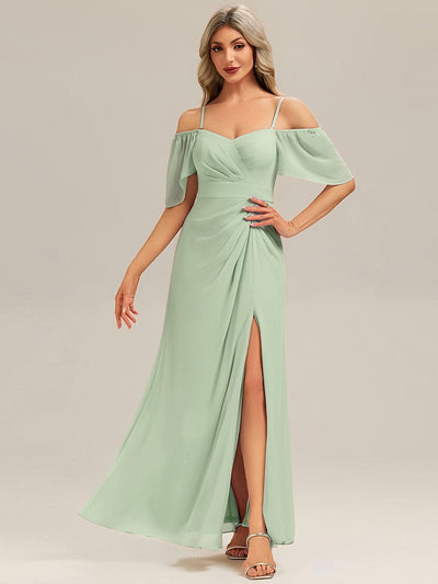 Thigh-High Slit Chiffon Ruffle Sleeve Bridesmaid Dress #color_Mint Green