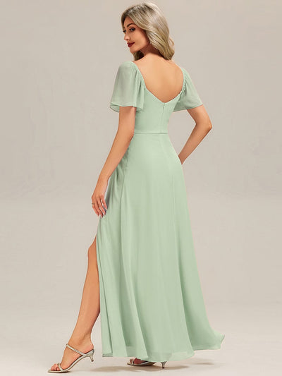 Thigh-High Slit Chiffon Ruffle Sleeve Bridesmaid Dress #color_Mint Green
