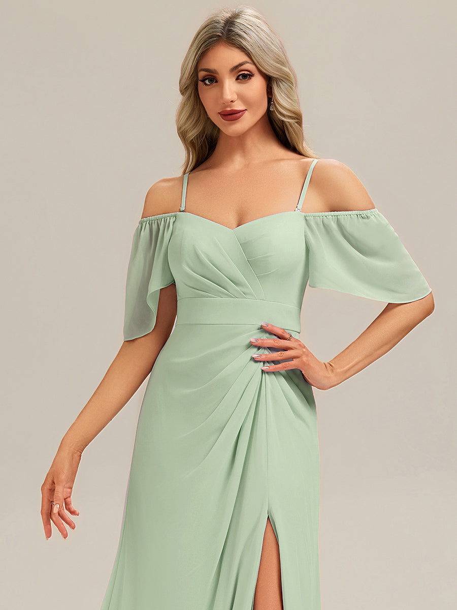 Thigh-High Slit Chiffon Ruffle Sleeve Bridesmaid Dress #color_Mint Green