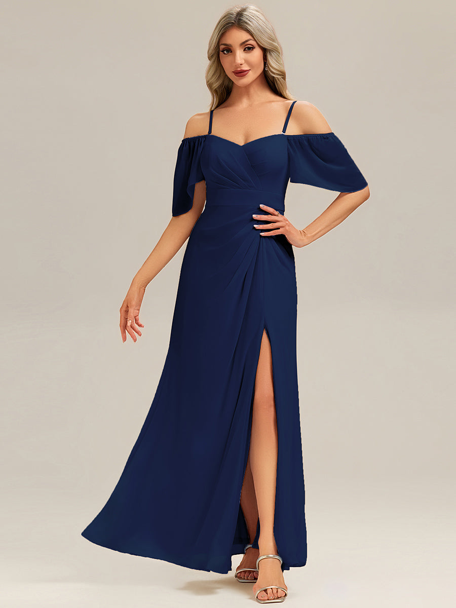 Thigh-High Slit Chiffon Ruffle Sleeve Bridesmaid Dress #color_Navy Blue