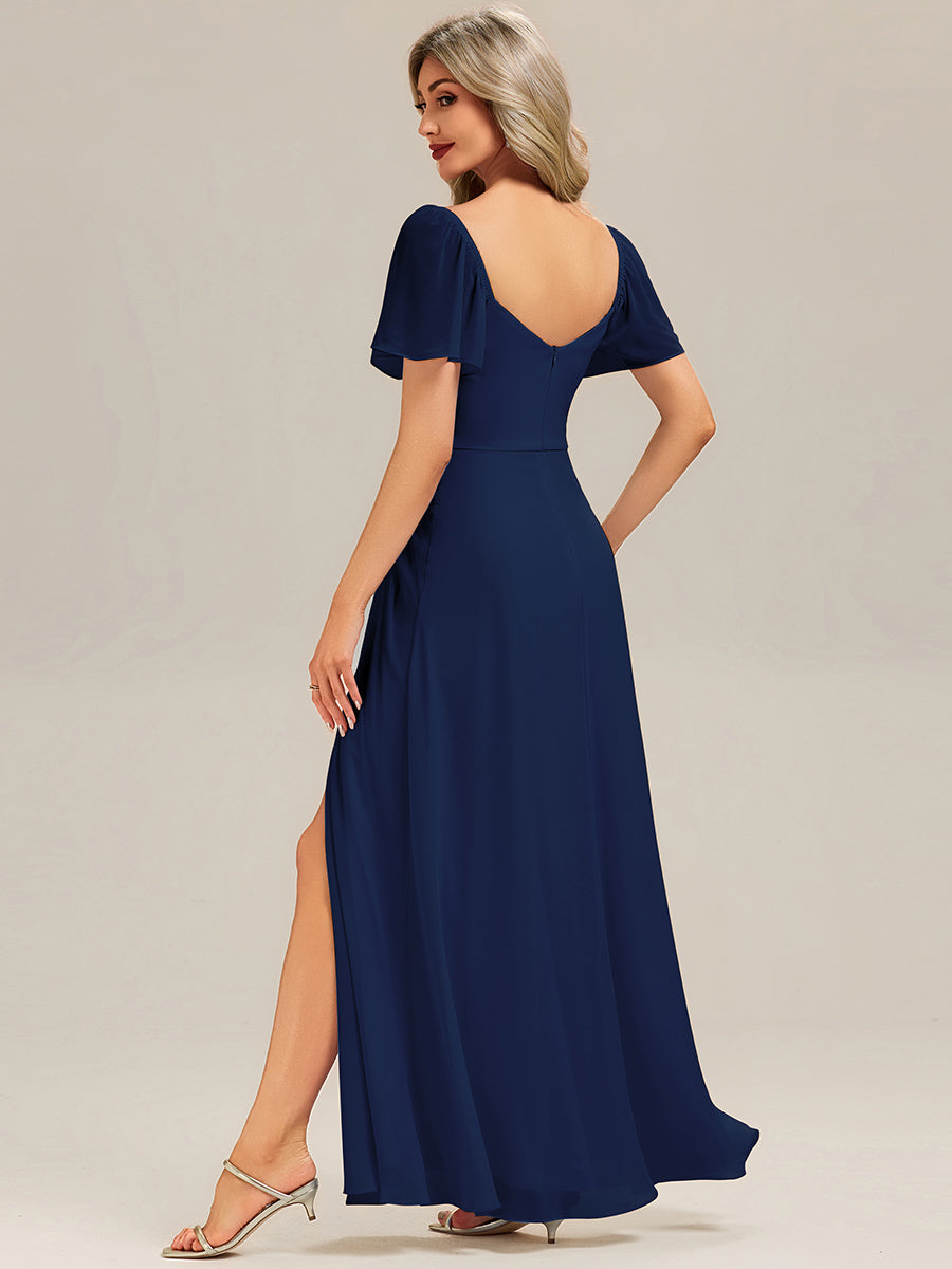 Thigh-High Slit Chiffon Ruffle Sleeve Bridesmaid Dress #color_Navy Blue