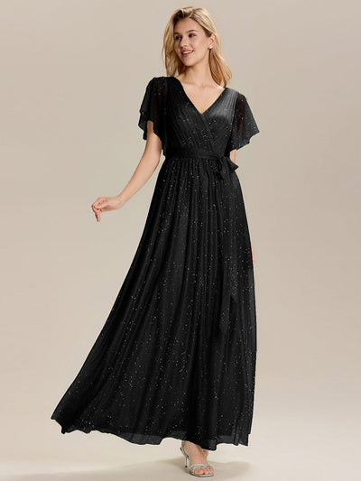 Tie-Front Diamond Linen Ruffle Sleeve Bridesmaid Dress #color_Black