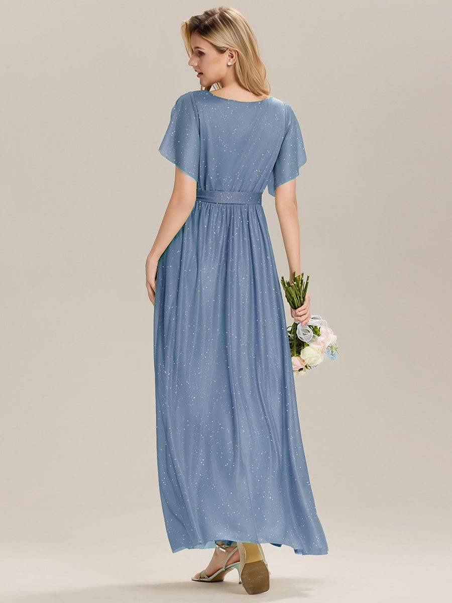 Tie-Front Diamond Linen Ruffle Sleeve Bridesmaid Dress #color_Dusty Blue