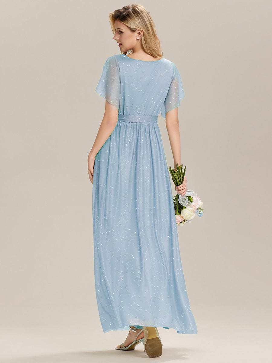 Tie-Front Diamond Linen Ruffle Sleeve Bridesmaid Dress #color_Ice Blue