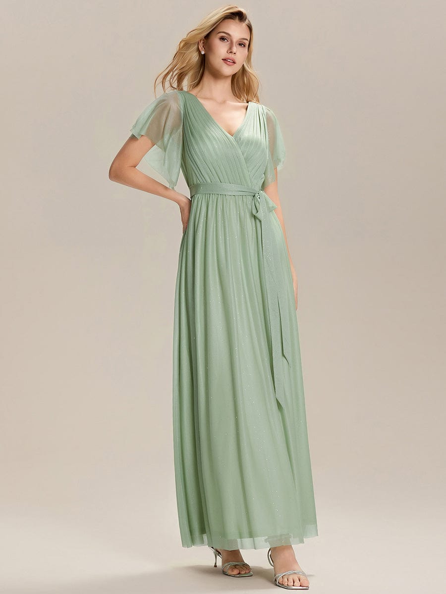 Tie-Front Diamond Linen Ruffle Sleeve Bridesmaid Dress #color_Mint Green