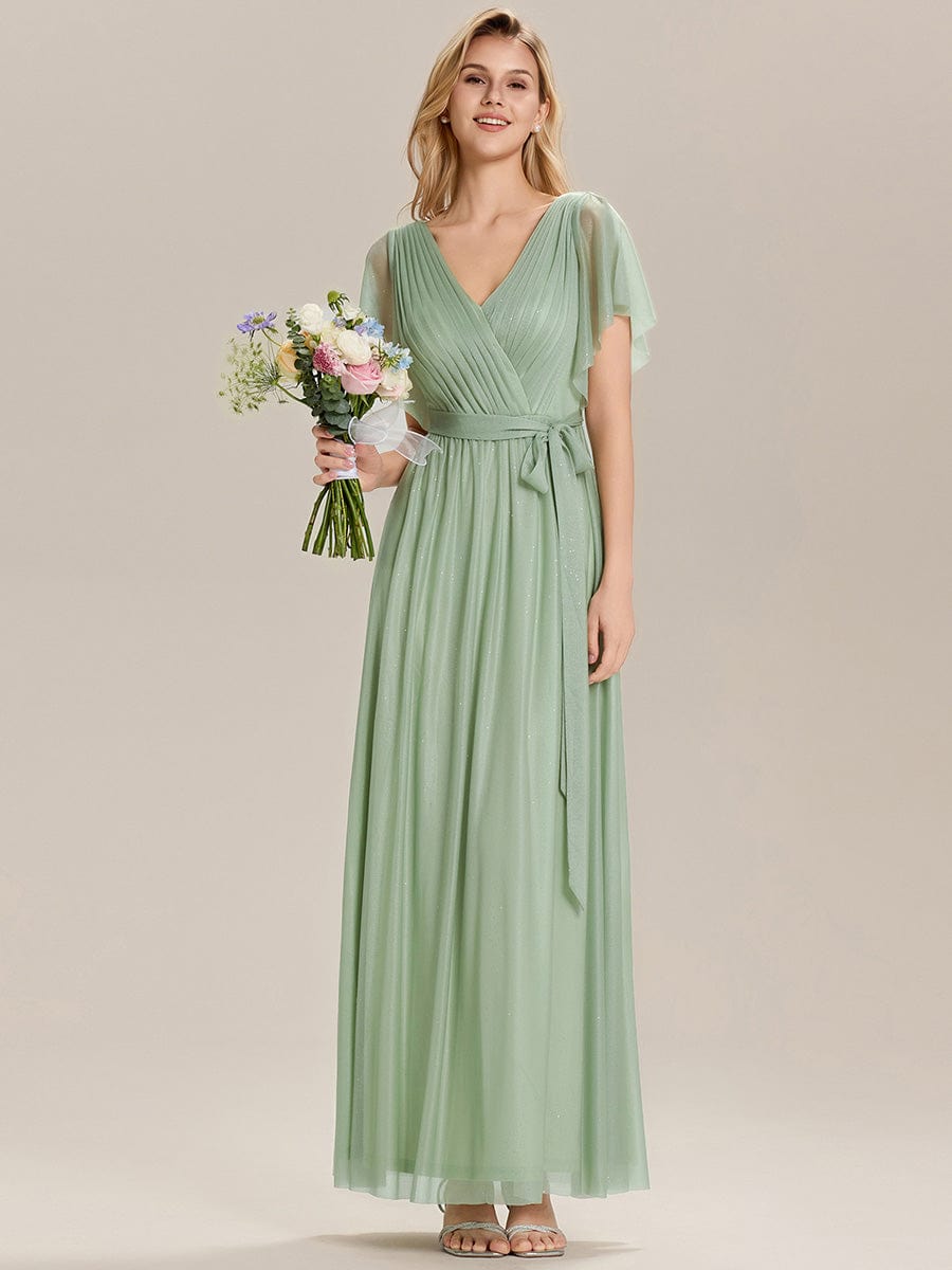 Tie-Front Diamond Linen Ruffle Sleeve Bridesmaid Dress #color_Mint Green