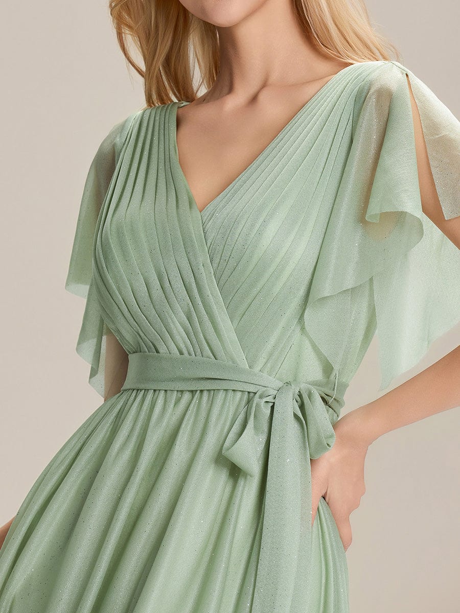 Tie-Front Diamond Linen Ruffle Sleeve Bridesmaid Dress #color_Mint Green