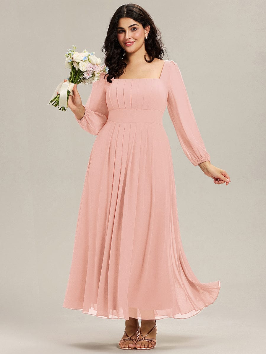 See-through Chiffon Lantern Sleeve Bridesmaid Dress #color_Pink