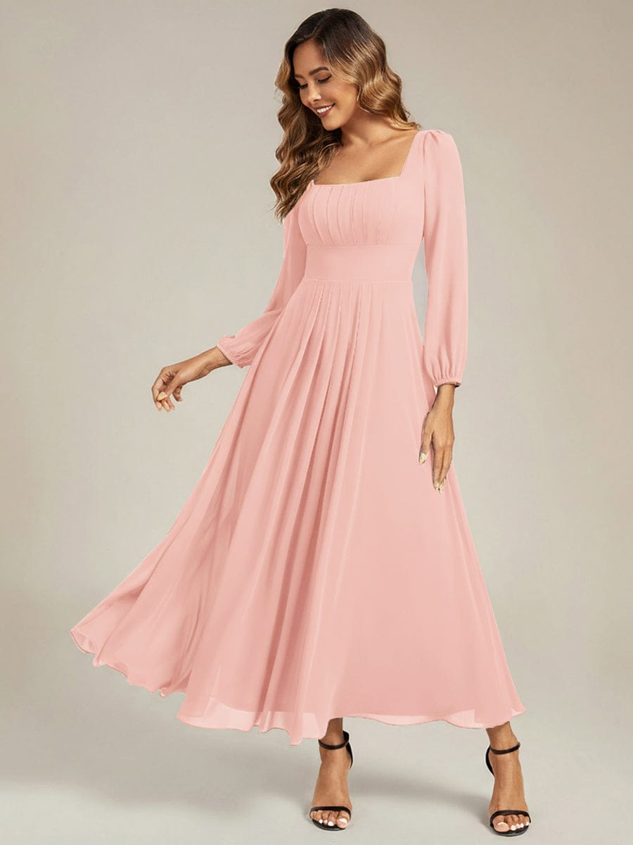 See-through Chiffon Lantern Sleeve Bridesmaid Dress #color_Pink
