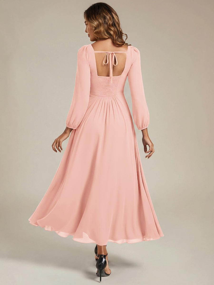 See-through Chiffon Lantern Sleeve Bridesmaid Dress #color_Pink