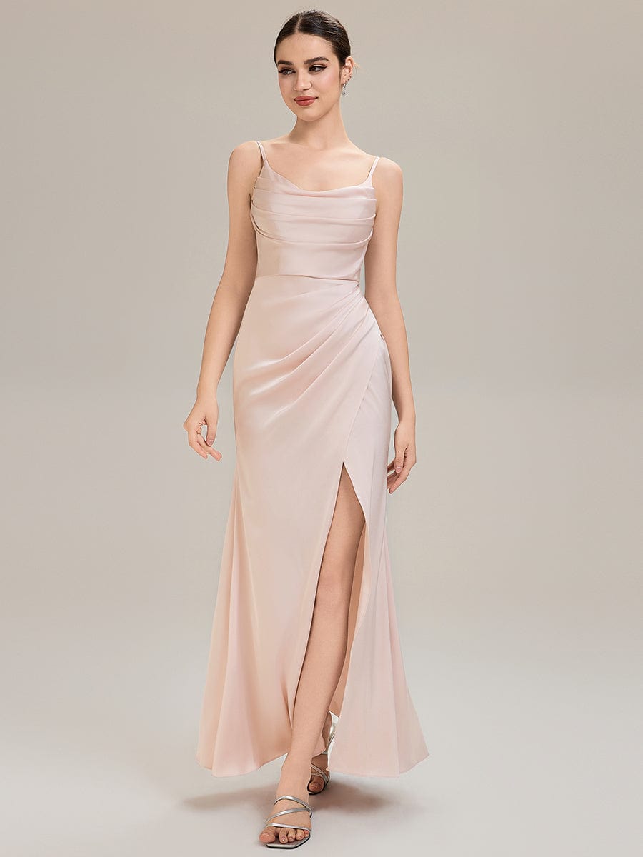Cowl Neck Satin Sleeveless Bridesmaid Dress #color_Pink
