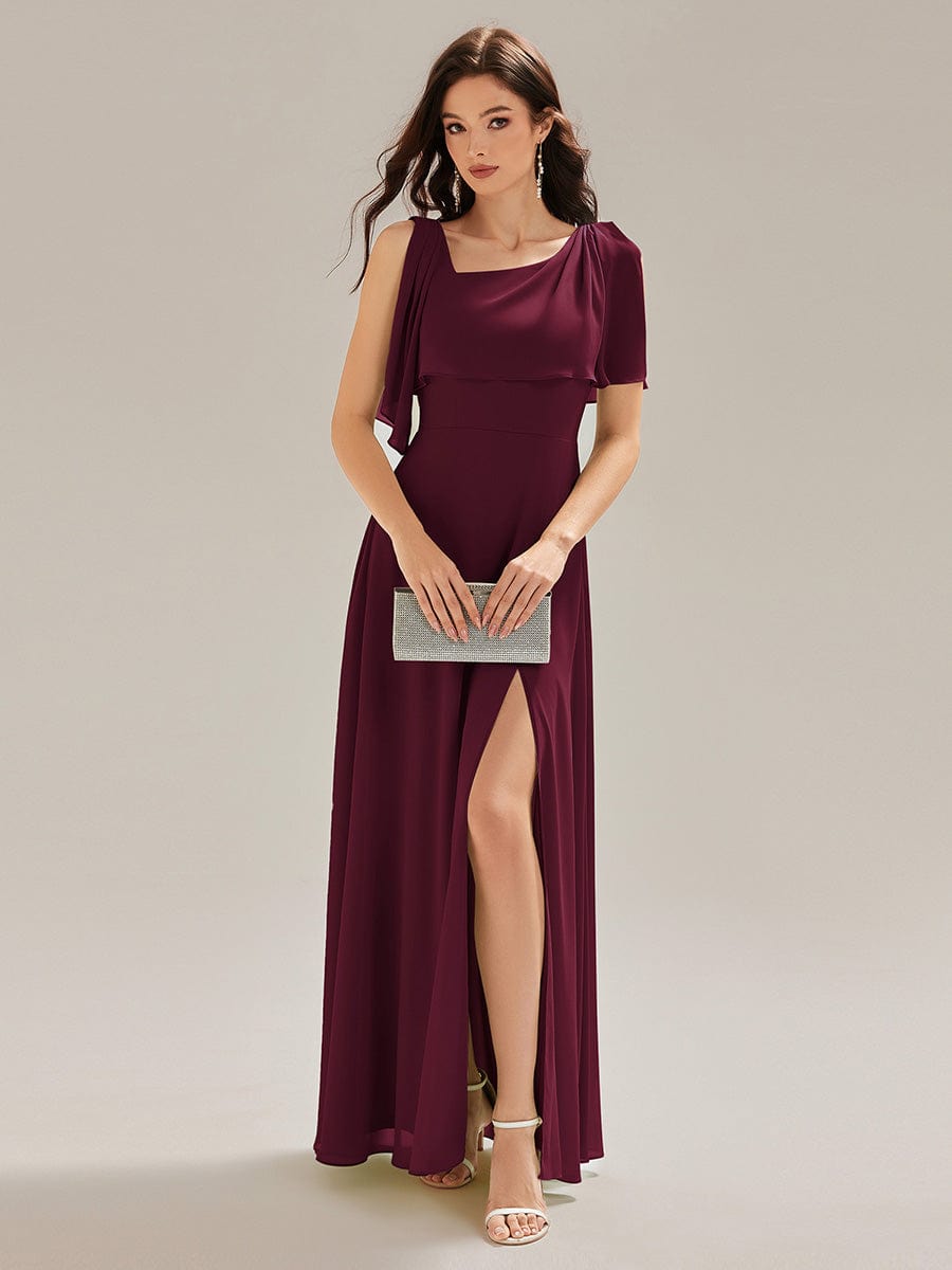 Thigh-High Slit Chiffon Sleeveless Bridesmaid Dress #color_Burgundy